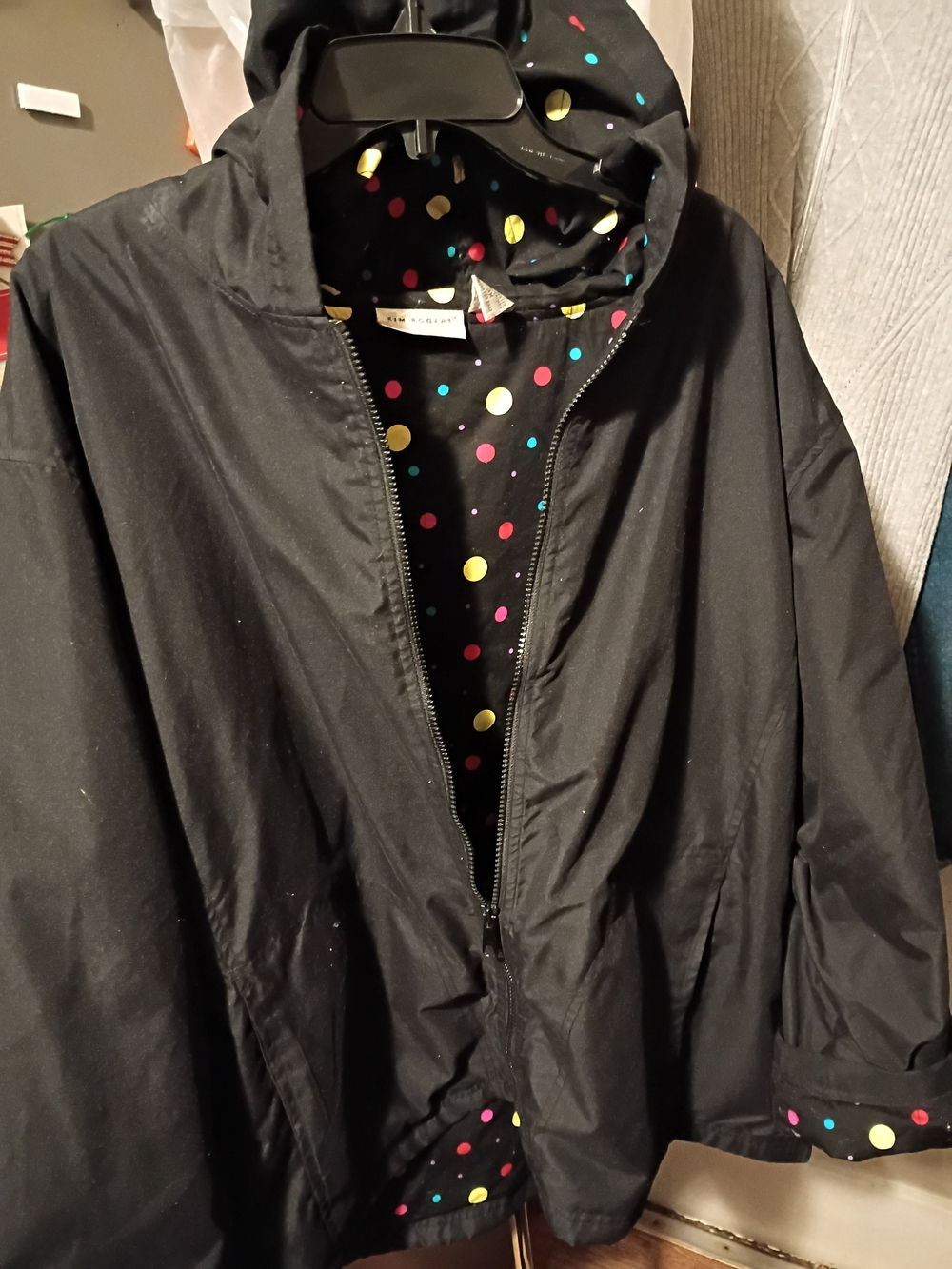 Kim Rogers Black Hooded Coat with Multicolor Polka Dot Lining